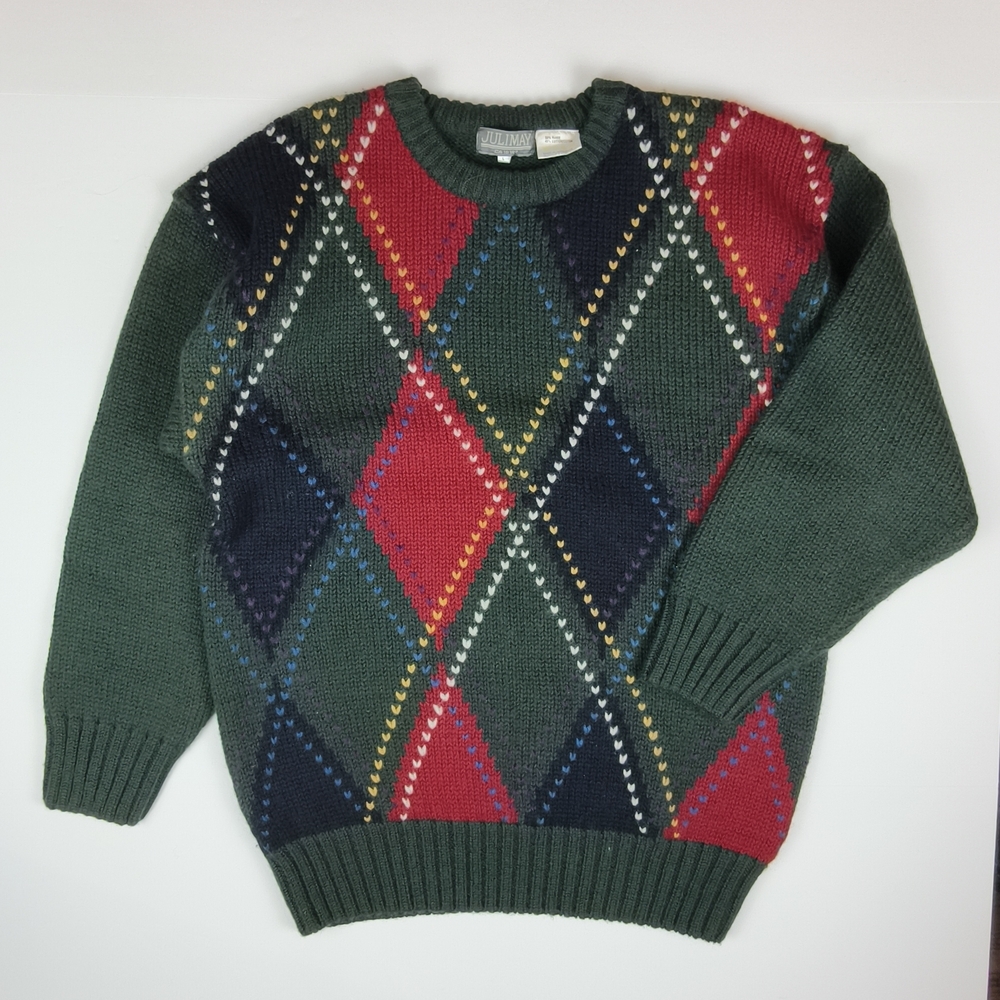 Julimay Vintage Argyle Sweater Dark Green Holiday Winter Pullover Made in Hk L